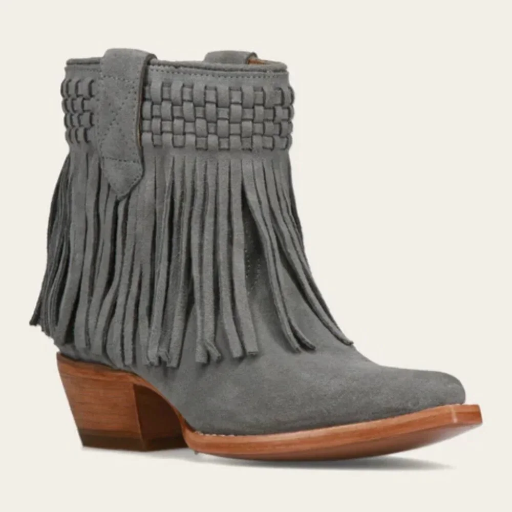 NEW FRYE Nubuck Leather Sacha Short Fringe Boots Steel Blue for women 2511 15M8 - Picture 3 of 9